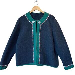 Pfister Wool Austrian Women's Vintage Gray Green Jacket Large 42 Embroidery